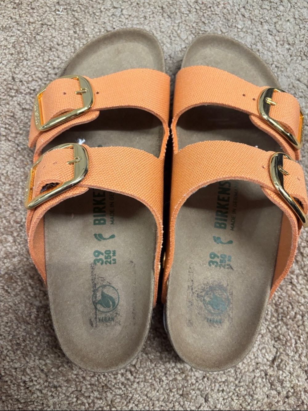 Birkenstock Orange Double Strap Sandals with Gold Buckles- euro size 39